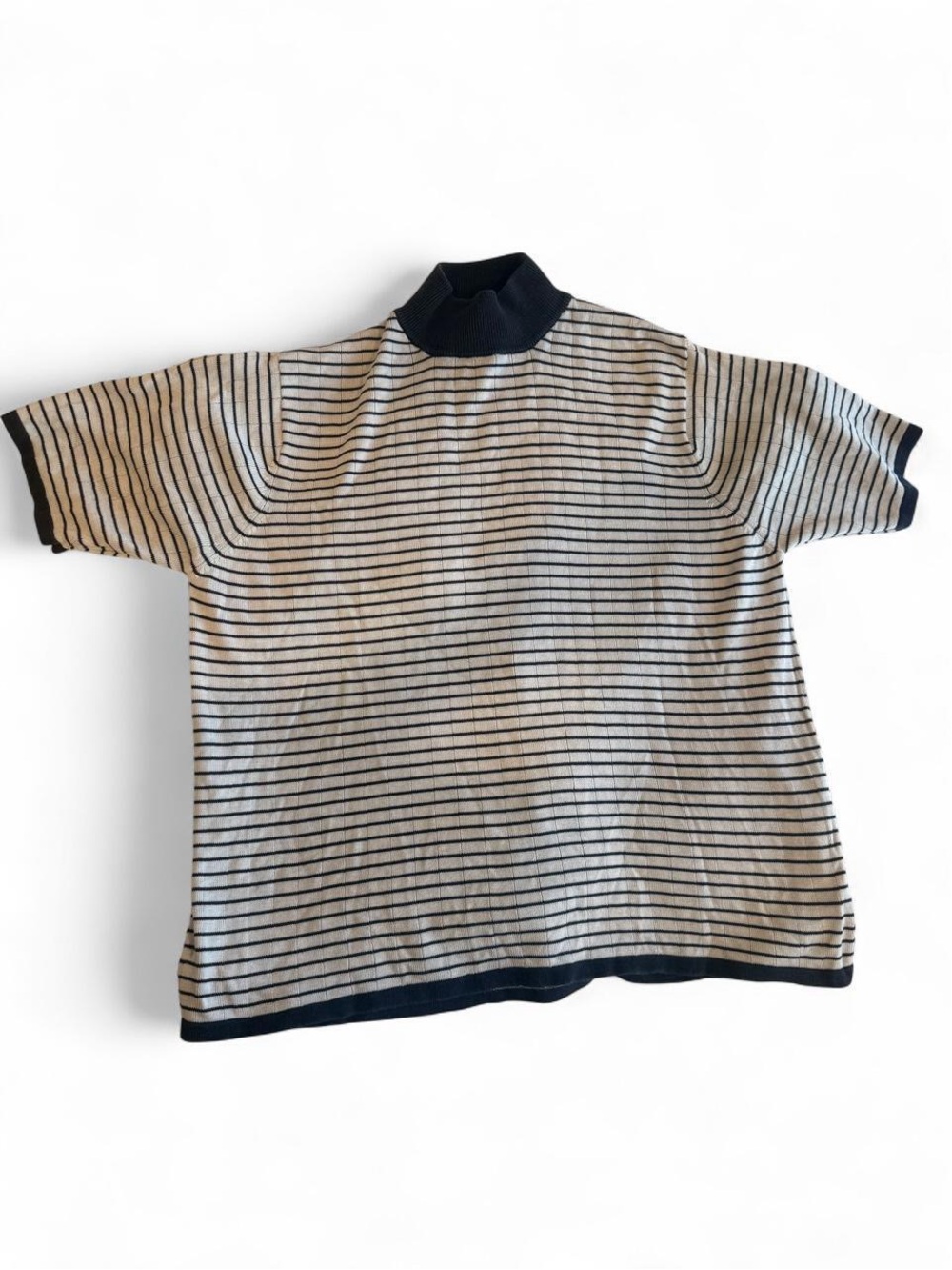 Striped Short-Sleeve Mock Neck Top in Cream and Blue